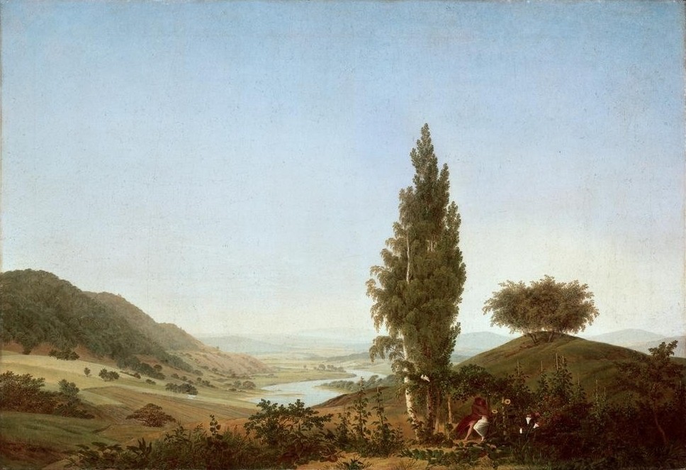 Caspar David Friedrich, Der Sommer (Deutsche Kunst,Jahreszeiten,Landschaft,Liebespaar,Sommer,Laube,Fluss,Tal,Romantik)
