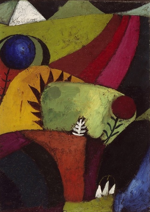 Paul Klee, Drei weiße Glockenblumen (Landschaft, Expressionismus, Straße, Hügel, Glockenblume, Wunschgröße, Klassische Moderne, Wohnzimmer, Treppenhaus, bunt)