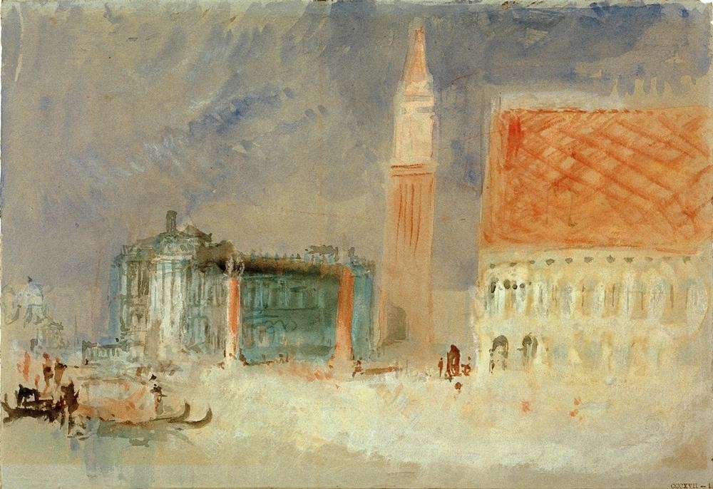JOSEPH MALLORD WILLIAM TURNER, The Piazzetta and the Doge’s Palace from the Bacino (Architektur,Boot,Geographie,Kunst,Palast,Stadt,Turm,Gondel,Campanile,Vedute,Stadtansicht,Architekturdarstellung,Englische Kunst,Binnenschiffahrt,Ansicht,Romantik,Topographie,Palazzo,Schifffahrt)