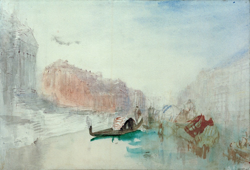JOSEPH MALLORD WILLIAM TURNER, The Steps of Santa Maria della Salute, Looking up the Grand Canal (Architektur,Boot,Geographie,Kanal,Kirche,Kunst,Stadt,Treppe,Gondel,Vedute,Stadtansicht,Architekturdarstellung,Englische Kunst,Binnenschiffahrt,Ansicht,Romantik,Topographie,Sakralbau,Schifffahrt,Wasserweg)