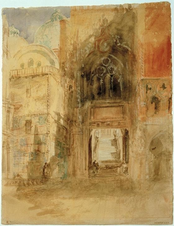 JOSEPH MALLORD WILLIAM TURNER, The Porta della Carta, Doge’s Palace (Architektur,Geographie,Kunst,Palast,Teilansicht,Tor,Portal,Vedute,Architekturdarstellung,Englische Kunst,Ansicht,Aussenansicht,Romantik,Topographie,Durchblick,Westfassade,Eingang,Palazzo)