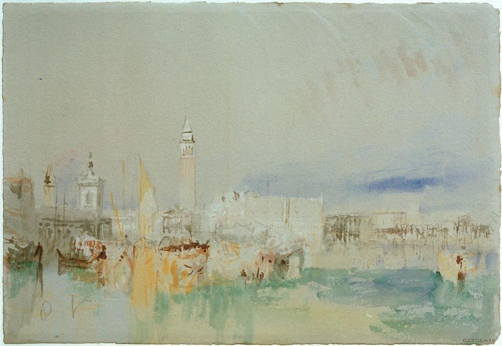 JOSEPH MALLORD WILLIAM TURNER, The Dogana, Campanile of San Marco and the Doge’s Palace (Architektur,Boot,Geographie,Kunst,Palast,Stadt,Turm,Gondel,Campanile,Vedute,Stadtansicht,Architekturdarstellung,Englische Kunst,Binnenschiffahrt,Ansicht,Romantik,Topographie,Palazzo,Schifffahrt)