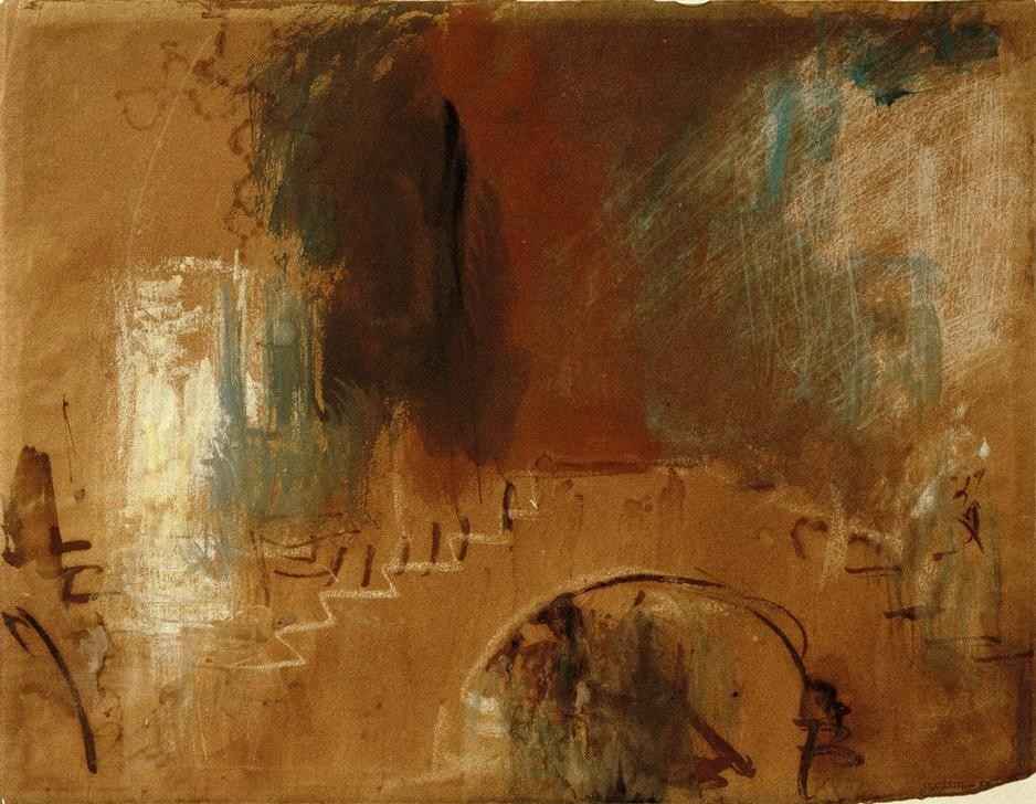 JOSEPH MALLORD WILLIAM TURNER, A Bridge (Architektur,Bogenbrücke,Brücke,Geographie,Kunst,Treppe,Gondel,Architekturdarstellung,Englische Kunst,Ansicht,Romantik,Braun,Topographie,Bogen (Architektur),Farbe)