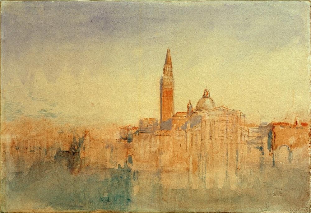 JOSEPH MALLORD WILLIAM TURNER, San Giorgio Maggiore at Sunset, from the Hotel Europa (Architektur,Geographie,Kirche,Kunst,Sonnenuntergang,Stadt,Turm,Tageszeiten,Abend,Campanile,Vedute,Kuppel,Stadtansicht,Architekturdarstellung,Englische Kunst,Ansicht,Romantik,Topographie,Kuppelkirche,Sakralbau,Abendrot)