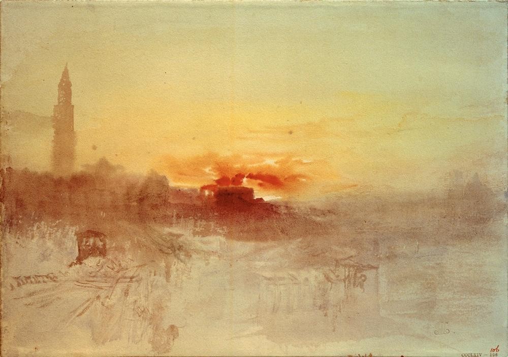 JOSEPH MALLORD WILLIAM TURNER, Venice at Sunrise from the Hotel Europa, with the Campanile (Architektur,Geographie,Kunst,Morgenrot,Palast,Stadt,Turm,Tageszeiten,Gondel,Morgen,Campanile,Vedute,Sonnenaufgang,Stadtansicht,Architekturdarstellung,Englische Kunst,Ansicht,Romantik,Topographie,Palazzo)