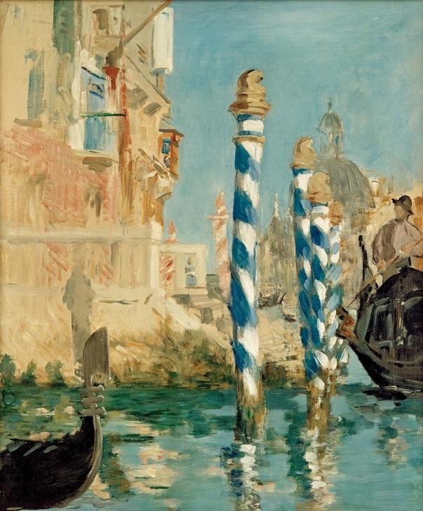 Edouard Manet, Le Grand Canal à Venise (Vue de Venise) (Architektur,Boot,Geographie,Kanal,Kirche,Kunst,Stadt,Gondel,Spiegelung,Vedute,Stadtansicht,Architekturdarstellung,Französische Kunst,Binnenschiffahrt,Gondoliere,Ansicht,Topographie,Privatsammlung,Streifen,Pfahl,Schifffahrt,Wasserweg)