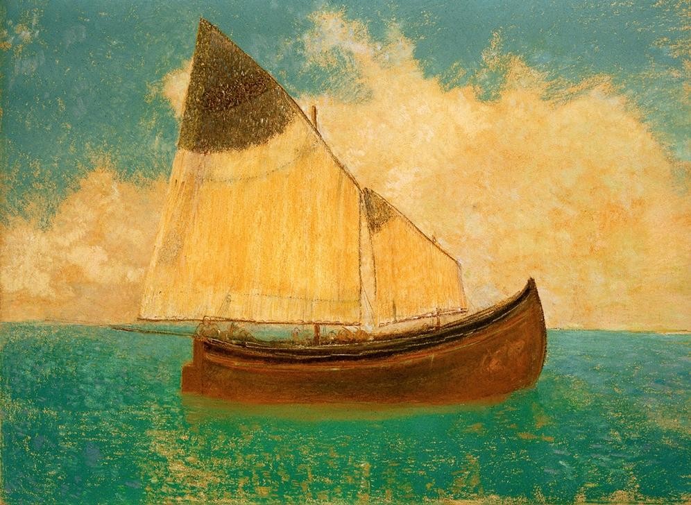 Odilon Redon, A la dérive (La barque aux voiles jaunes) (Boot,Kunst,Landschaft,Schiff,Schiffstypen,Segelschiff,Meer,Segelboot,Symbolismus,Marinemalerei,Barke,Französische Kunst,Segel,Schifffahrt)