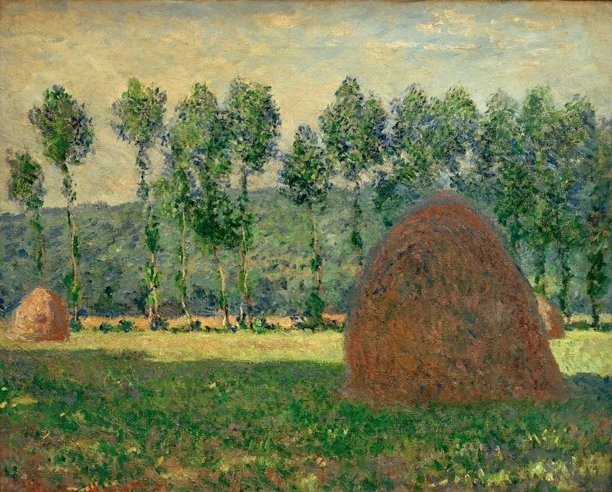 Claude Monet, Une meule près de Giverny (Kunst,Landschaft,Impressionismus,Heu,Schatten,Baum,Wiese,Französische Kunst,Feld,Heuschober,Pappel,Landwirtschaft,Signatur)