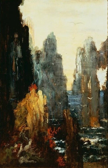 Gustave Moreau, Les Sirènes (Frau,Küste,Kunst,Landschaft,Mythologie,Wasser,Meer,Nymphe,Symbolismus,Fabelwesen,Nixe,Felsen,Französische Kunst,Meerjungfrau,Steilküste,Ideale Landschaft,Sirene (Fabelwesen),Griechisch-Römische Mythologie)