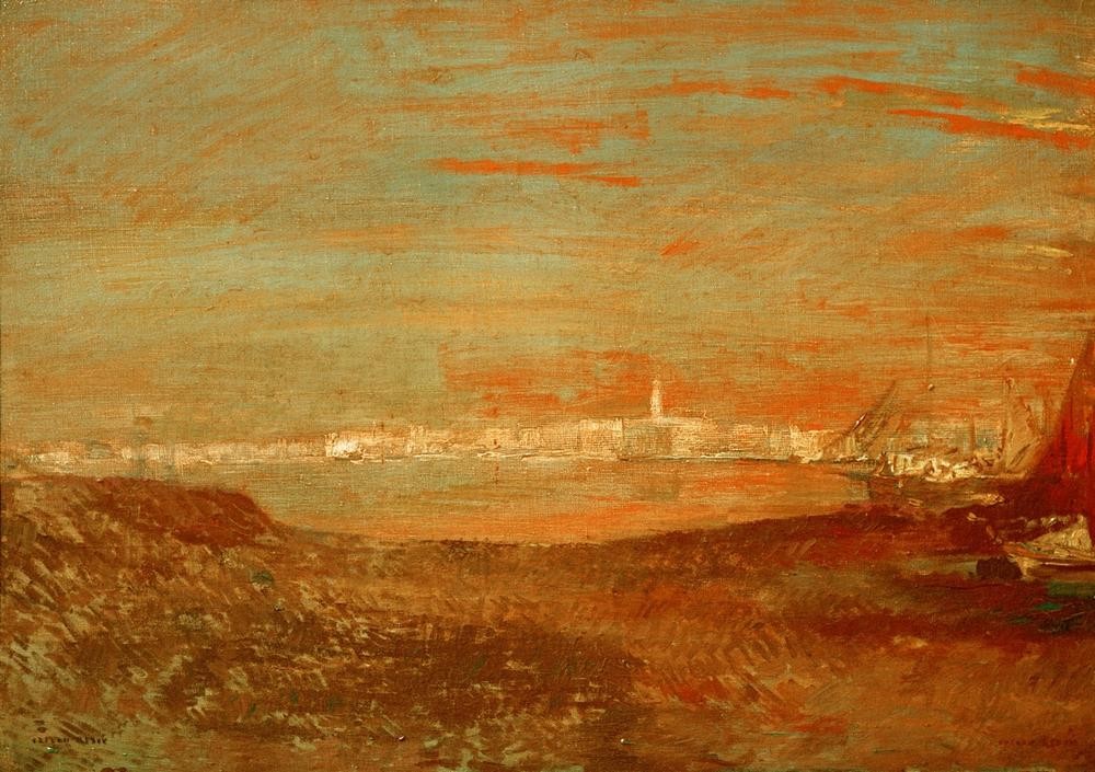 Odilon Redon, Paysage italien (Küste,Kunst,Landschaft,Schiff,Sonnenuntergang,Stadt,Tageszeiten,Abend,Meer,Symbolismus,Französische Kunst,Privatsammlung,Abendrot)