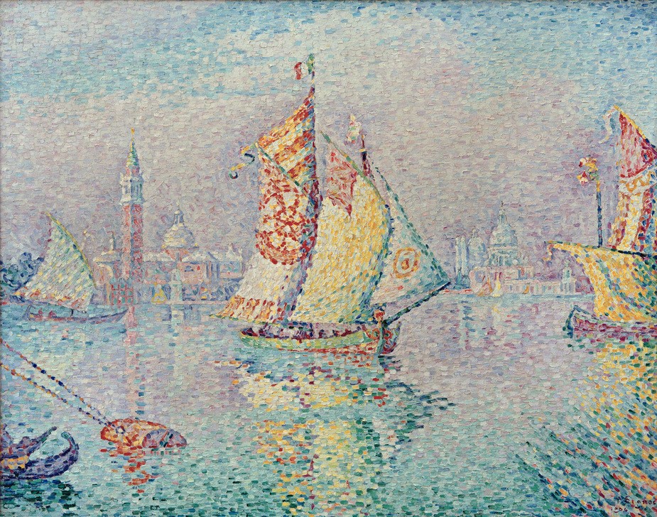 Paul Signac, Laguna, voile jaune (Architektur,Boot,Kirche,Kunst,Schiff,Schiffstypen,Stadt,Segelboot,Spiegelung,Pointillismus,Campanile,Marinemalerei,Lagune,Stadtansicht,Architekturdarstellung,Französische Kunst,Binnenschiffahrt,Ansicht,Jahrhundertwende,Signatur,Schifffahrt)