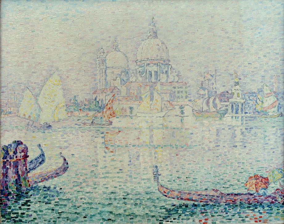 Paul Signac, Canal de la Giudecca, matin (Venise) (Architektur,Boot,Geographie,Kanal,Kirche,Kunst,Schiff,Stadt,Tageszeiten,Gondel,Morgen,Segelboot,Pointillismus,Vedute,Kuppel,Stadtansicht,Architekturdarstellung,Französische Kunst,Binnenschiffahrt,Ansicht,Jahrhundertwende,Topographie,Kuppelkirche,Sakralbau)