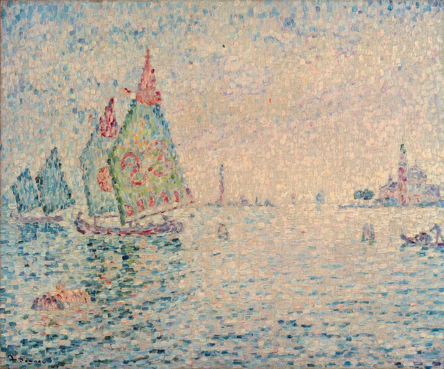 Paul Signac, Les îles de la lagune (Venise) (Insel,Boot,Kunst,Schiff,Schiffstypen,Stadt,Segelboot,Pointillismus,Marinemalerei,Lagune,Französische Kunst,Binnenschiffahrt,Jahrhundertwende,Signatur,Schifffahrt)