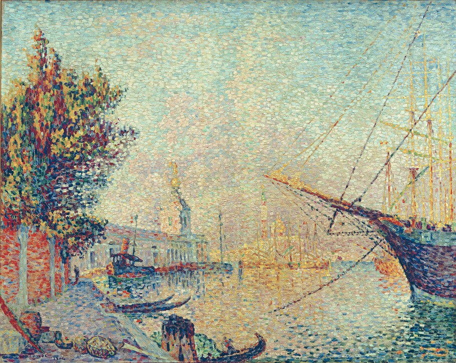 Paul Signac, La Dogana (Venise) (Architektur,Boot,Geographie,Kunst,Schiff,Segelschiff,Stadt,Zoll,Gondel,Pointillismus,Vedute,Lagune,Stadtansicht,Architekturdarstellung,Französische Kunst,Binnenschiffahrt,Ansicht,Jahrhundertwende,Topographie,Schifffahrt)