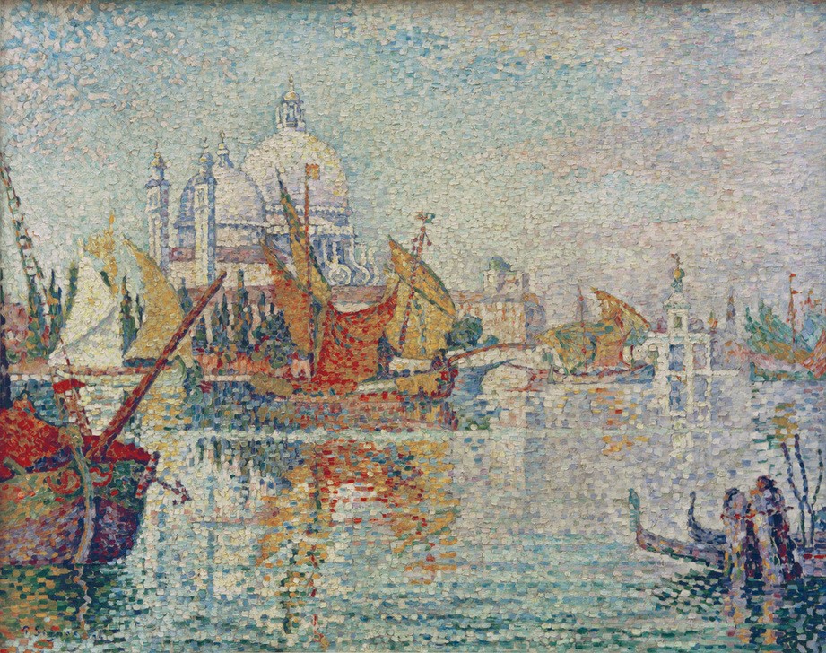 Paul Signac, Mouillage de la Giudecca (Venise) (Architektur,Boot,Geographie,Kanal,Kirche,Kunst,Schiff,Schiffsanlegestelle,Segelschiff,Stadt,Gondel,Segelboot,Pointillismus,Vedute,Kuppel,Stadtansicht,Architekturdarstellung,Französische Kunst,Binnenschiffahrt,Ansicht,Jahrhundertwende,Topographie,Vor Anker)