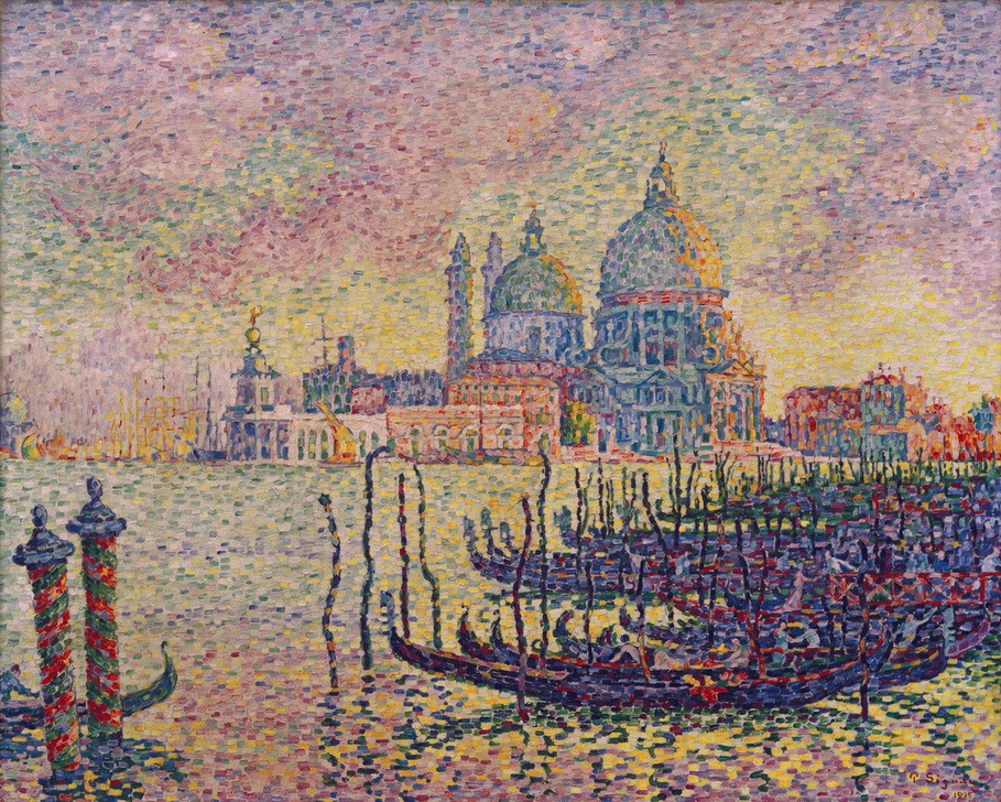 Paul Signac, Grand Canal (Venise) (Architektur,Boot,Geographie,Kanal,Kirche,Kunst,Schiff,Schiffsanlegestelle,Stadt,Gondel,Pointillismus,Vedute,Kuppel,Stadtansicht,Architekturdarstellung,Französische Kunst,Binnenschiffahrt,Ansicht,Jahrhundertwende,Topographie,Kuppelkirche,Sakralbau,Pfahl,Si)