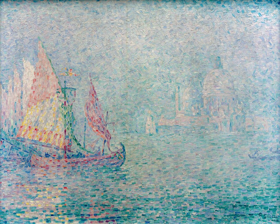 Paul Signac, Venise, brume (Architektur,Boot,Geographie,Kanal,Kirche,Kunst,Meteorologie,Schiff,Segelschiff,Stadt,Wetter,Gondel,Segelboot,Pointillismus,Vedute,Kuppel,Nebel,Stadtansicht,Architekturdarstellung,Französische Kunst,Binnenschiffahrt,Ansicht,Topographie,Schlechtes Wetter,Ku)