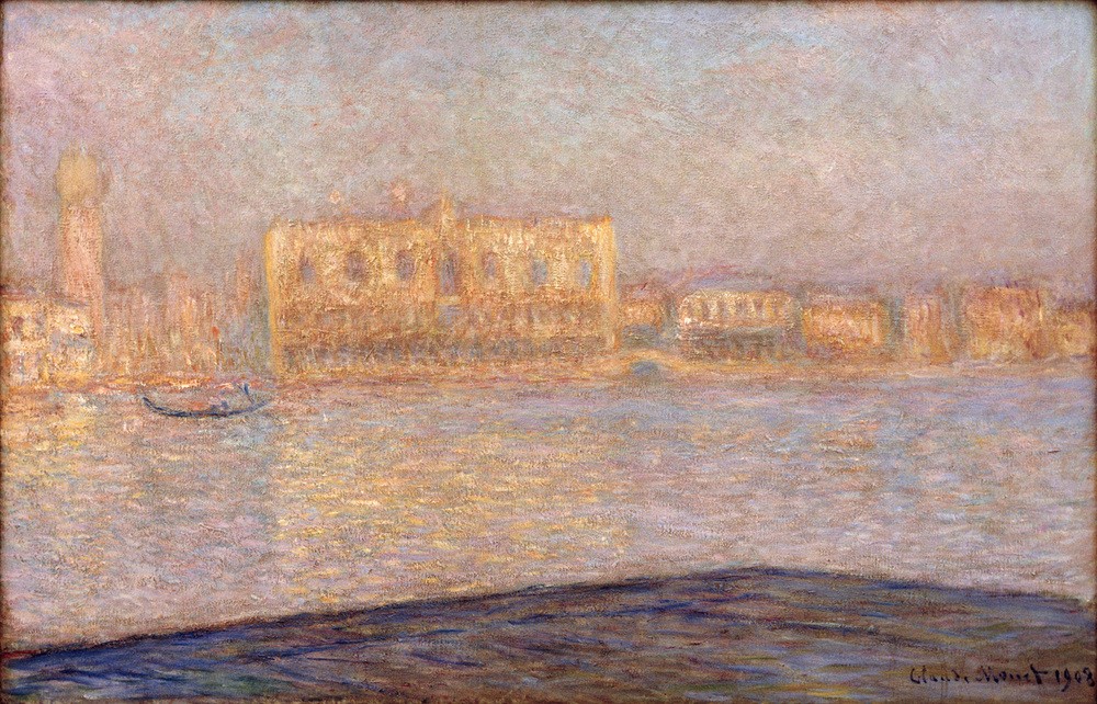 Claude Monet, Le Palais ducal vu de Saint-Georges majeur (Architektur,Boot,Geographie,Kunst,Palast,Stadt,Turm,Gondel,Impressionismus,Spiegelung,Campanile,Vedute,Lagune,Stadtansicht,Architekturdarstellung,Französische Kunst,Binnenschiffahrt,Ansicht,Aussenansicht,Kirchturm,Topographie,Palazzo,Signatur,Schifffahrt)