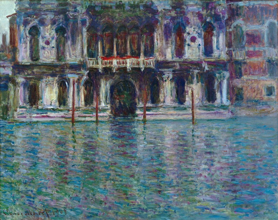 Claude Monet, Le palais Contarini (Architektur,Geographie,Kanal,Kunst,Stadt,Impressionismus,Fassade,Spiegelung,Vedute,Architekturdarstellung,Französische Kunst,Ansicht,Aussenansicht,Topographie,Frontalansicht,Palazzo,Signatur,Wasserweg)