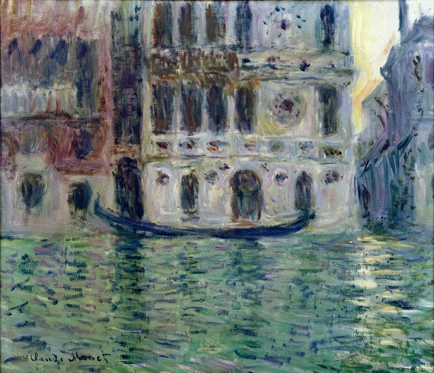 Claude Monet, Le palais Dario (Architektur,Boot,Geographie,Kanal,Kunst,Stadt,Gondel,Impressionismus,Fassade,Vedute,Architekturdarstellung,Französische Kunst,Binnenschiffahrt,Ansicht,Aussenansicht,Topographie,Privatsammlung,Frontalansicht,Palazzo,Signatur,Schifffahrt,Wasserweg)