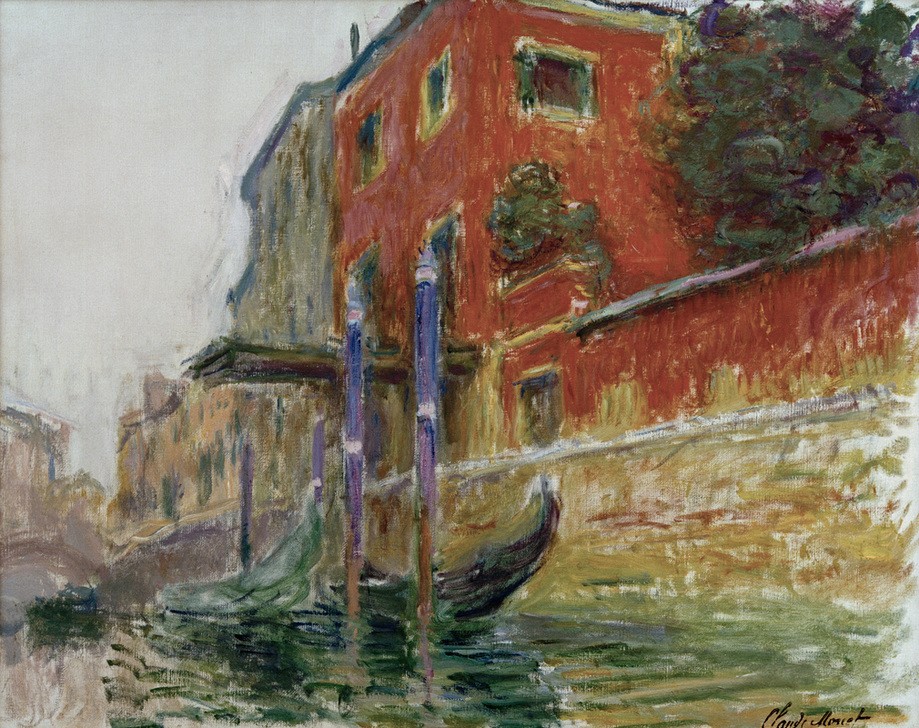 Claude Monet, La maison rouge, esquisse (Architektur,Boot,Geographie,Haus,Kanal,Kunst,Stadt,Wohnhaus (Allgemein),Gondel,Impressionismus,Vedute,Stadtansicht,Architekturdarstellung,Französische Kunst,Binnenschiffahrt,Ansicht,Aussenansicht,Topographie,Privatsammlung,Pfahl,Signatur,Schifffahrt,Wasse)