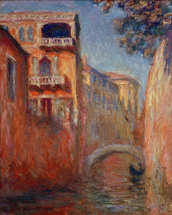Claude Monet, Le rio de la Salute (Architektur,Boot,Brücke,Geographie,Haus,Kanal,Kunst,Stadt,Wohnhaus (Allgemein),Gondel,Impressionismus,Vedute,Stadtansicht,Architekturdarstellung,Französische Kunst,Binnenschiffahrt,Ansicht,Topographie,Signatur,Schifffahrt,Wasserweg)