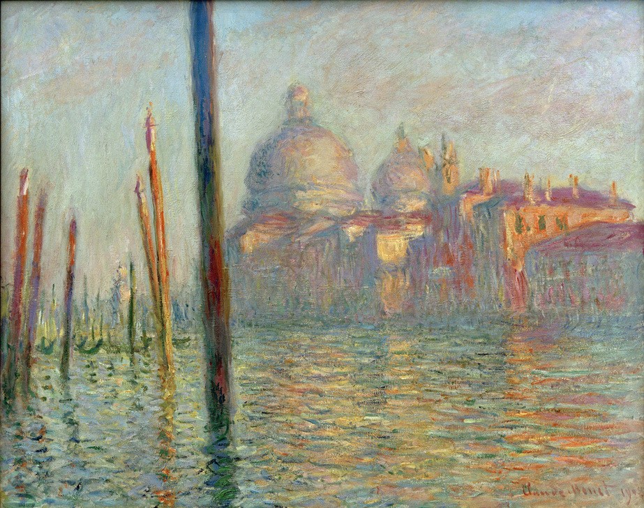 Claude Monet, Le Grand Canal (Architektur,Geographie,Kanal,Kirche,Kunst,Stadt,Gondel,Impressionismus,Vedute,Kuppel,Stadtansicht,Architekturdarstellung,Französische Kunst,Ansicht,Aussenansicht,Jahrhundertwende,Topographie,Bootsanlegestelle,Kuppelkirche,Sakralbau,Pfahl,Signatur,Wasserwe)