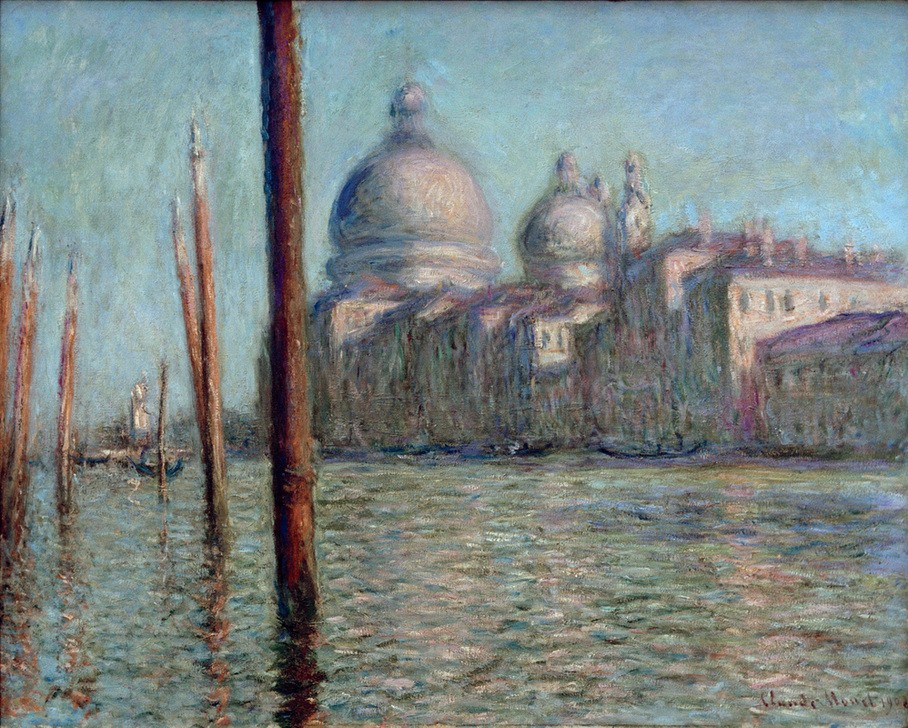 Claude Monet, Le Grand Canal (Architektur,Geographie,Kanal,Kirche,Kunst,Stadt,Gondel,Impressionismus,Vedute,Kuppel,Stadtansicht,Architekturdarstellung,Französische Kunst,Ansicht,Aussenansicht,Jahrhundertwende,Topographie,Privatsammlung,Bootsanlegestelle,Kuppelkirche,Sakralbau,Pfahl,Si)