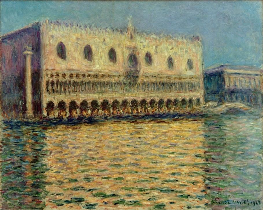 Claude Monet, Le Palais ducal (Architektur,Geographie,Kunst,Palast,Stadt,Säule,Impressionismus,Spiegelung,Vedute,Lagune,Architekturdarstellung,Französische Kunst,Markuslöwe,Ansicht,Aussenansicht,Topographie,Palazzo,Signatur)