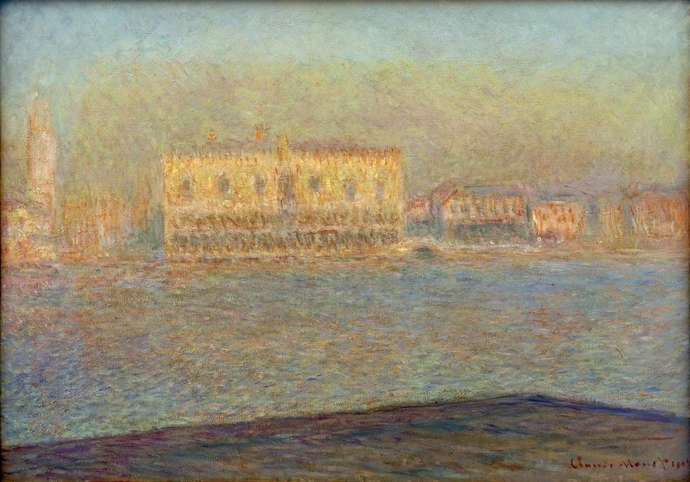 Claude Monet, Le Palais ducal vu de Saint-Georges majeur (Architektur,Geographie,Kunst,Palast,Stadt,Turm,Impressionismus,Campanile,Vedute,Lagune,Stadtansicht,Architekturdarstellung,Französische Kunst,Ansicht,Aussenansicht,Kirchturm,Topographie,Palazzo,Signatur)