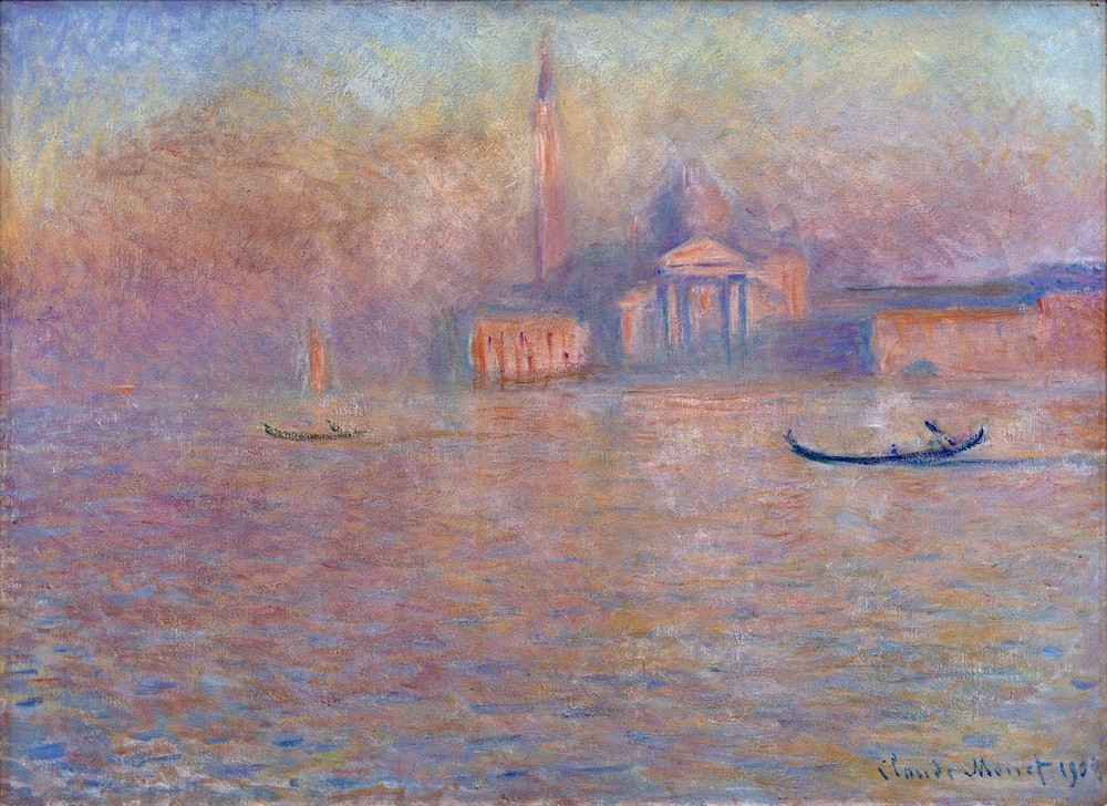 Claude Monet, Saint-Georges majeur (Insel,Architektur,Boot,Geographie,Kirche,Kunst,Stadt,Turm,Gondel,Impressionismus,Campanile,Vedute,Lagune,Kuppel,Stadtansicht,Architekturdarstellung,Französische Kunst,Binnenschiffahrt,Ansicht,Aussenansicht,Kirchturm,Topographie,Kuppelkirche,Sakralbau,Sign)