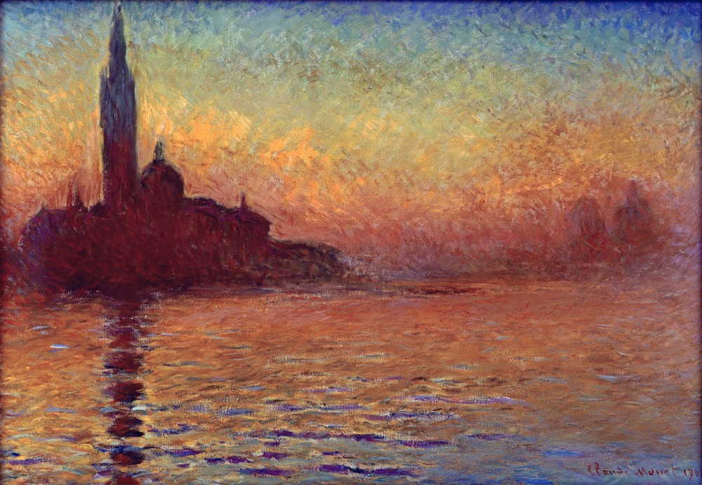 Claude Monet, Saint-Georges majeur au crépuscule (Insel,Architektur,Geographie,Kirche,Kunst,Sonnenuntergang,Stadt,Turm,Tageszeiten,Abend,Impressionismus,Spiegelung,Campanile,Vedute,Kuppel,Stadtansicht,Architekturdarstellung,Französische Kunst,Ansicht,Dämmerung,Aussenansicht,Kirchturm,Topographie,Kuppelki)