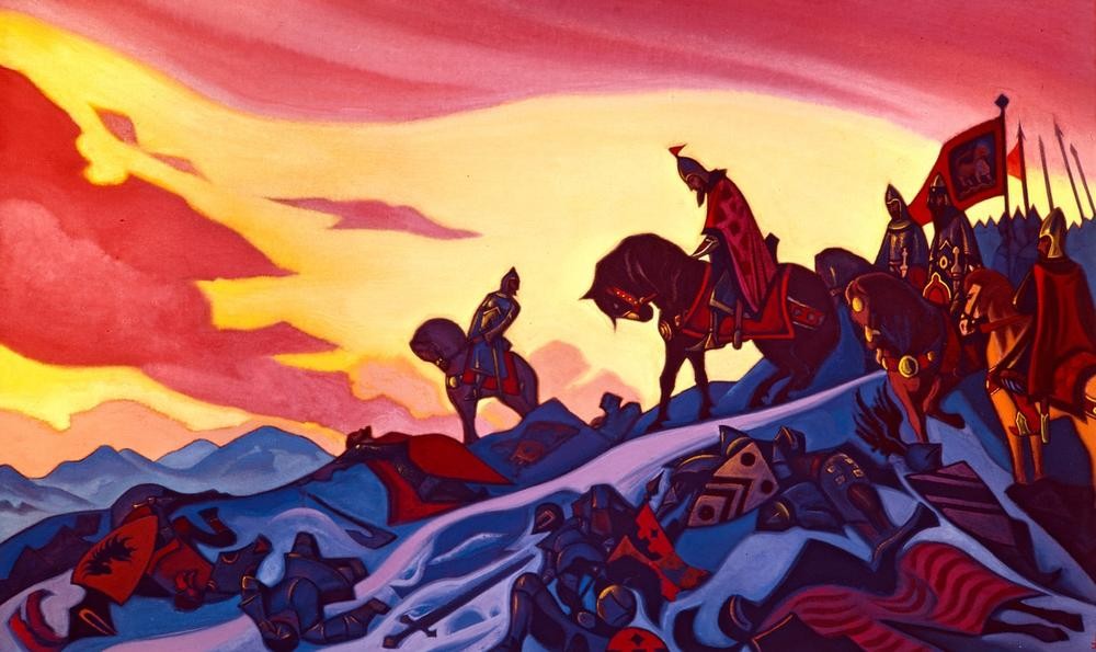 Nikolai Roerich, Alexander Nevsky (Fürst, Rüstung, Kämpfer, Reiter, Pferde, Schild, Schnee, Schlacht, Krieger, Abendrot, Banner, mystisch, klassische Moderne, Wunschgröße,  Wohnzimmer, Malerei)