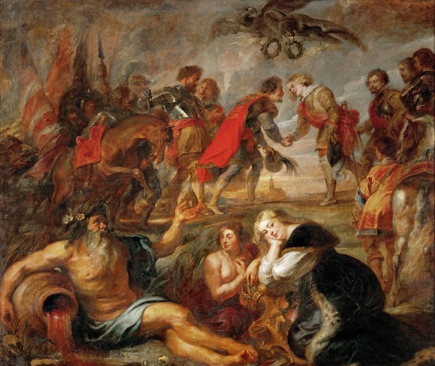 Peter Paul Rubens, Die Begegnung König Ferdinands von Ungarn mit dem Kardinal– (Adler,Geistlicher,Geschichte,Kaiser,Kardinal,Krieg,Pferd (Tier),Dreissigjähriger Krieg,Barock,Schlacht,Allegorie,Lorbeerkranz,Niederländische Kunst,Schwedischer Krieg (1630-35),Tier,Begegnung,Historisches Ereignis,Glaubenskrieg,Symbolischer Händedruck,Sta)