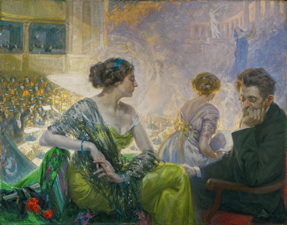 Ulisse Caputo, Symphonie (Abendgarderobe,Damenmode,Frau,Gesellschaftliches Leben,Konzert,Künstlerleben,Maler (Künstler),Mann,Musik,Orchester,Schönheit,Schal,Portrait,Loge (Architektur),Salonmalerei,Italienische Kunst,Eleganz,Symphonie,Kleidung (Allgemein),Haarknoten,Zuhören,Profil)
