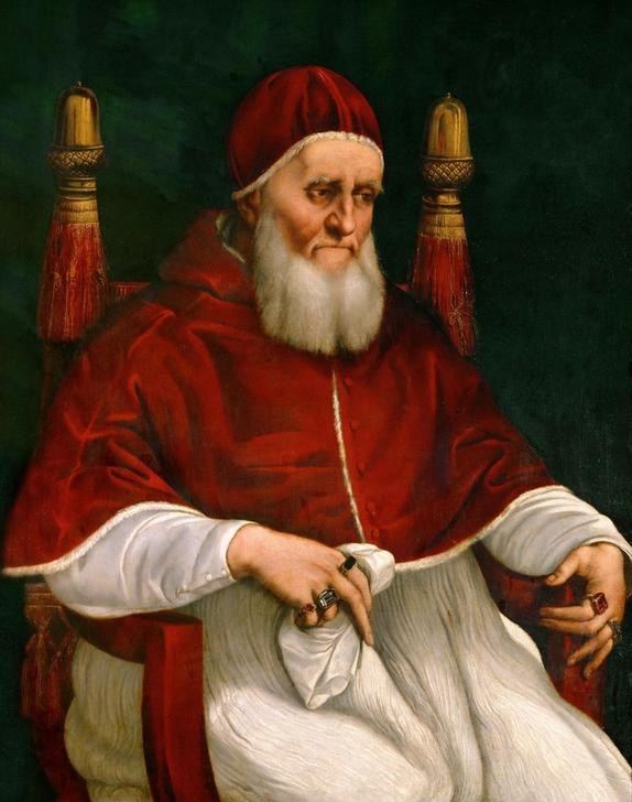 Raffael, Julius II. (Geistlicher,Geschichte,Katholische Kirche,Mann,Papst,Ring,Schmuck,Schule,Alter,Bart,Männerschmuck,Renaissance,Portrait,Taschentuch,Italienische Kunst,Vollbart,Lehnstuhl,Fingerring,Kleidung (Allgemein),Samt,Alter Mann,Sitzen,Rot,Ornat (Geistlich),Person,Fr)