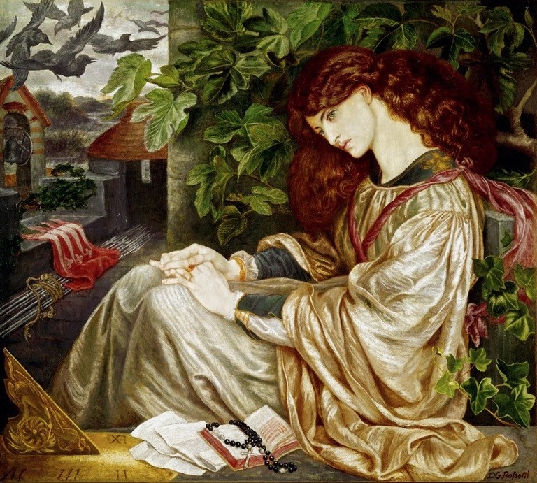 Dante Gabriel Rossetti, La Pia (Christentum,Frau,Jugend (Lebensalter),Sonnenuhr,Vogel,Wetter,Sonne,Unschuld,Schönheit,Rabe,Portrait,Melancholie,Präraffaeliten,Frauenbild,Rosenkranz,Zeit,Gebetbuch,Englische Kunst,Rote Haare,Stundenbuch,Viktorianische Kunst,Frömmigkeit,Langes Haar,Jungfrä)