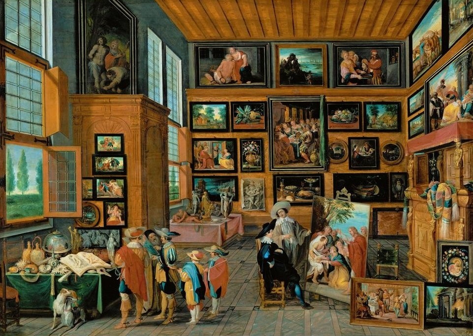 Peter Paul Rubens, Ein Kunstund Raritätenkabinett (Besuch,Fenster,Handel,Herrenmode,Kunsthandel,Kunstsammler,Mode,Wirtschaft (Ökonomie),Hut,Barock,Hund,Bild Im Bild,Museologie,Bild Und Betrachter,Galerie,Interieur,Stulpenstiefel,Niederländische Kunst,Holzdecke,Bildergalerie,Kleidung (Allgemein),Betrachten)