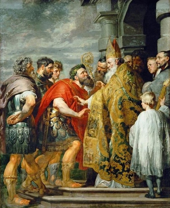 Peter Paul Rubens, Der hl. Ambrosius und Kaiser Theodosius (Geistlicher,Erzbischof,Flämische Kunst,Bischof,Geschichte,Heilige,Kaiser,Kopfbedeckung,Kult,Szene,Barock,Klerus,Reue,Niederländische Kunst,Exkommunikation,Römisches Reich,Kleidung (Allgemein),Bischofsstab,Mitra,Messgewand,Busse,Krummstab,Person)