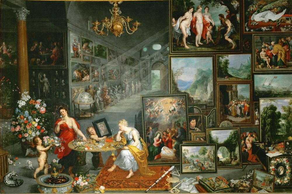 Jan Brueghel der Ältere, Der Gesichtsund der Geruchssinn (Gemäldegalerie, Allegorien, Kunstkammer, Bild Im Bild, Kronleuchter, Interieur, Sinne, Sehen, Riechen, Barock, Wunschgröße, Klassiker,  Samtbrueghel, Wohnzimmer)