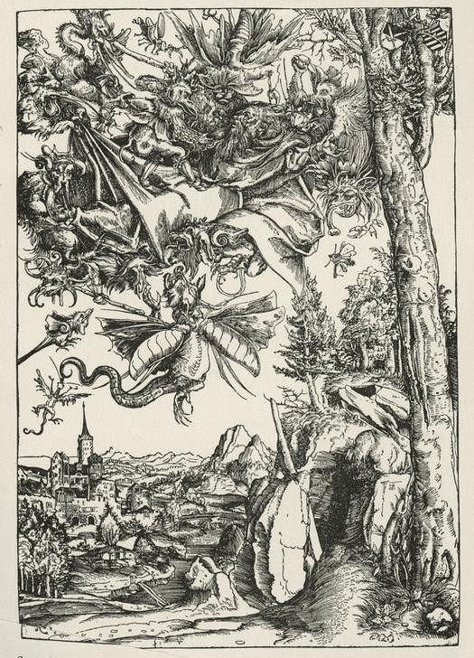 Lucas Cranach der Ältere, Die Versuchung des heiligen Antonius (Heiliger, Religion, Versuchung, Verführung, Glaube, Standhaftigkeit, Fabelwesen, Dämon, Eremit, Legende, Grafik, Klassiker, Renaissance, Wunschgröße, Wohnzimmer, schwarz/weiß)
