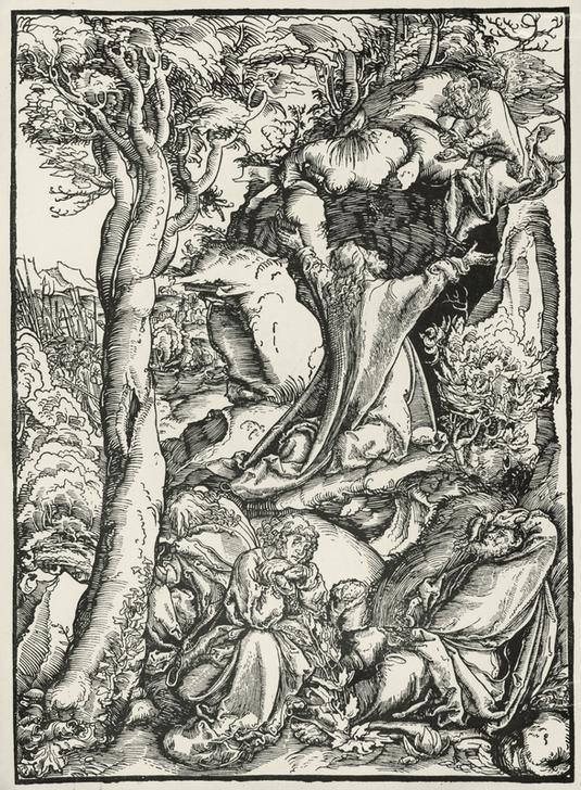 Lucas Cranach der Ältere, Christus am Ölberg (Christentum, Passion, Gebet, Religion, Neues Testament, Bibel, Garten Getsemane, Jünger, Schlaf,  Grafik, Klassiker, Renaissance, Wunschgröße, Wohnzimmer, schwarz/weiß)