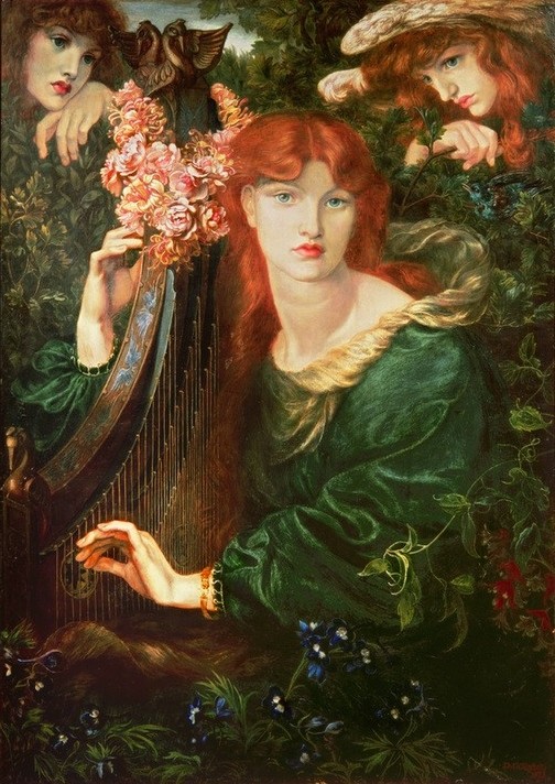 Dante Gabriel Rossetti, La Ghirlandata (Botanik,Engel,Frau,Harfe,Konzert,Musik,Saiteninstrument,Schönheit,Portrait,Präraffaeliten,Englische Kunst,Mystik,Rote Haare,Viktorianische Kunst,Zuhören,Junge Frau,Mittelscheitel,Harfenistin,Blässe,Psalterium (Instrument),Sinnlichkeit)
