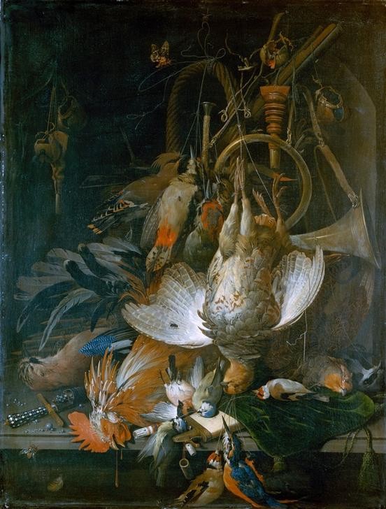 Jan Davidsz.de Heem, Stilleben (Jagd,Vogel,Barock,Stillleben,Messer,Geflügel,Trompe L'oeil,Niederländische Kunst,Jagdhorn,Holländische Kunst,Pulverhorn,Jagdgerät,Jagdstillleben,Singvogel,Kadaver)