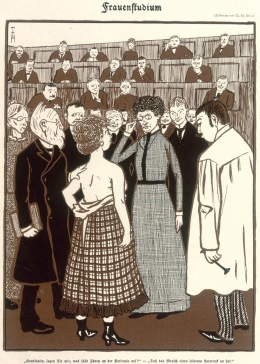 Thomas Theodor Heine, Frauenstudium. / Kandidatin, sagen Sie mir, was fällt Ihnen an der Patientin auf? – Daß das Mensch einen seidenen Unterrock an hat. (Deutsche Kunst,Diagnose,Emanzipation,Frauenrechtlerin,Frau,Karikatur,Kunst,Publizistik,Universität,Zeitschrift,Hörsaal,Studentin,Examen,Frauenleben,Gleichberechtigung,Prüfung)