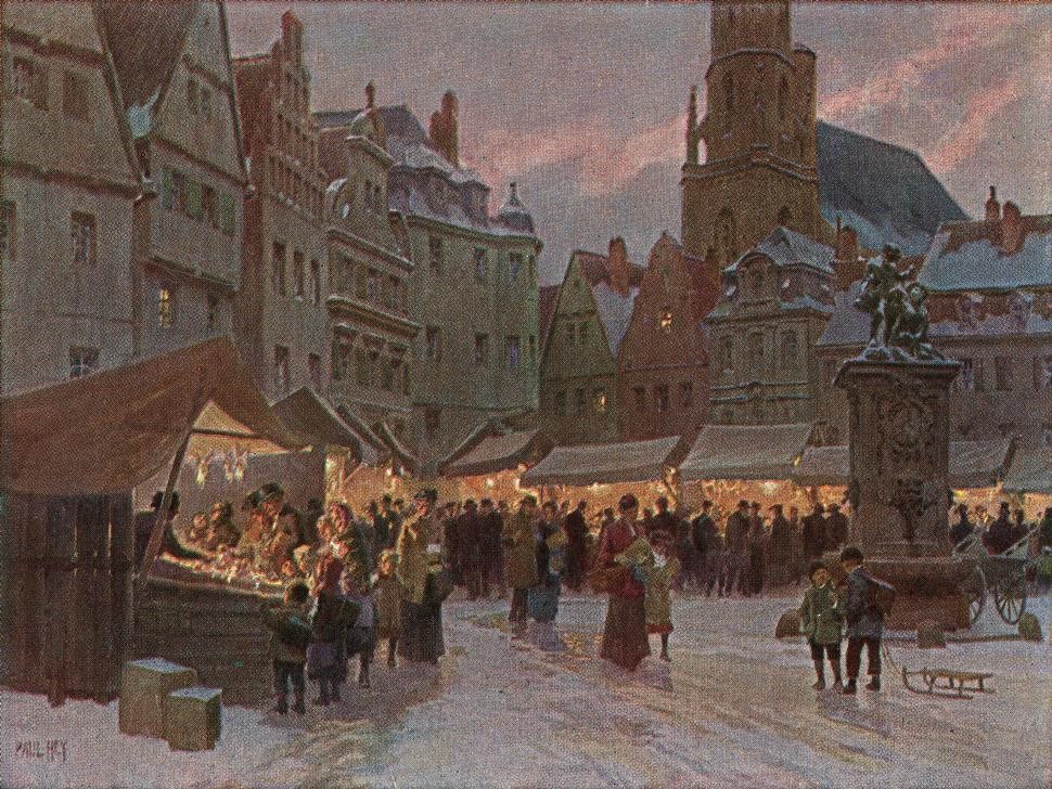 Paul Hey, Christkindlmarkt (DEUTSCHE KUNST, FESTE, MARKT, MARKTPLATZ, VORWEIHNACHTSZEIT, WEIHNACHTEN (KALENDERFESTE), WEIHNACHTSMARKT, WINTER, SCHNEE, KLEINSTADT)