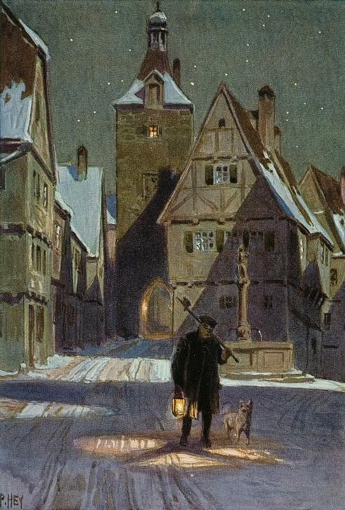 Paul Hey, Nachtwächters Neujahrsrunde (DEUTSCHE KUNST, LATERNE, NACHTWÄCHTER, POSTKARTE, STADTTOR, WINTER, NACHT, SCHNEE, KLEINSTADT, PATROUILLE, SICHERHEIT, ÖFFENTLICHE SICHERHEIT)