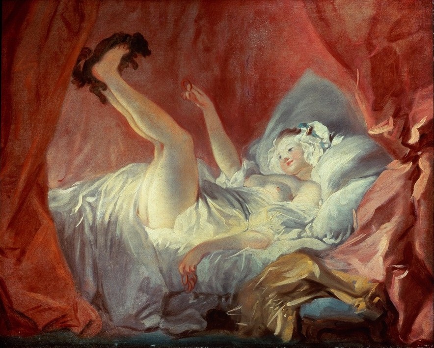 Jean-Honoré Fragonard, La Gimblette (Bett, junge Frau, üppig, Erotik, Mädchen,  Hund, Akt, Busen, Rokoko, Fütterung, Vorhang, Sexualität, Zoophilie,   Wohnzimmer, Rokoko, Malerei, Wunschgröße  Klassiker, bunt)