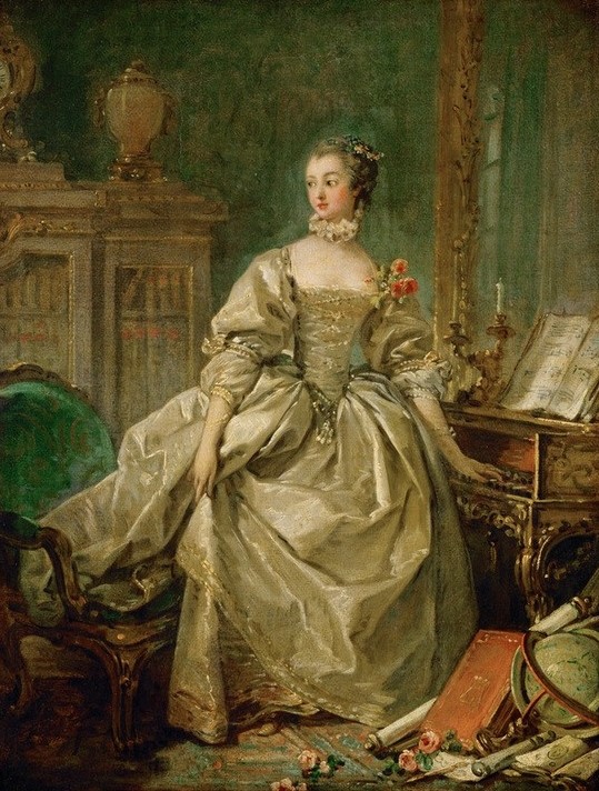 Francois Boucher, La marquise de Pompadour (Damenmode,Frau,Geschichte,König,Mode,Musik,Rose,Schmuck,Spinett,Wohnzimmer,Schönheit,Instrument,Rokoko,Geliebte,Portrait,Interieur,Französische Kunst,Kleid,Liebhaber,Kleidung (Allgemein),Halsband,Maitresse,Ganzfigurig,Person,Bildung)