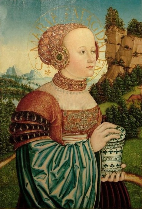 Lucas Cranach der Ältere, Maria Magdalena (Christentum, Neues Testament, Frau, Salbgefäß, Landschaft, Mode, Religion, Schmuck, Frisur, Eleganz, Klassiker, Renaissance, Wunschgröße, Wohnzimmer)